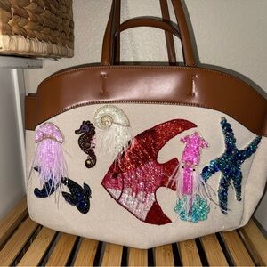 Zara Brown and Cream Tote with Sea Life Embellishments